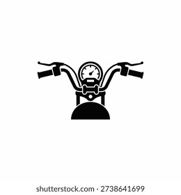 Minimalist black icon showcasing the front view of a motorcycle's handlebars, including the grips, levers, and a central speedometer against a white background.