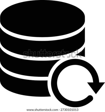 A minimalist black icon showing a database stack with a refresh arrow for data update or synchronization