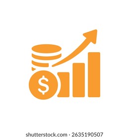 Minimalist black icon showing stacked coins, dollar symbol, bar chart, and upward arrow. Represents financial growth, profit, investment, or business success. Isolated on white background.