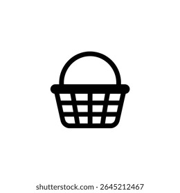 Minimalist black icon showing a wicker basket with handle and grid pattern, isolated on a white background, useful for shopping, storage, or design projects.