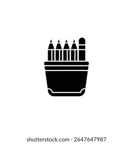 A minimalist black icon shows a container holding four sharpened pencils and a cylindrical eraser. A simple representation of classic office and art supplies.