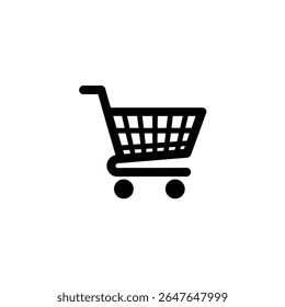 A minimalist black icon shows a shopping cart with a metal grid basket and handle, supported by rounded wheels against a stark white background.