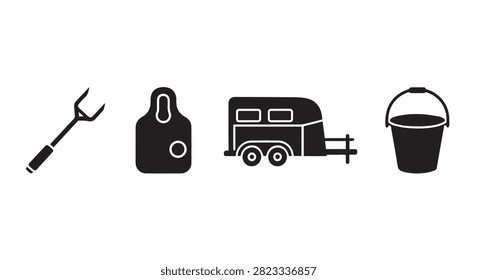 Minimalist black icons representing camping gear such as a tent, trailer, bucket, and tools for outdoor adventure activities.