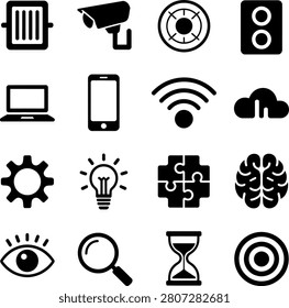 Minimalist black icons representing technology security creativity and problemsolving concepts in a clean design style