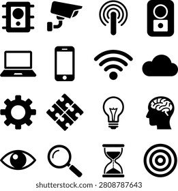 Minimalist black icons representing technology communication and problemsolving tools in a clean design style