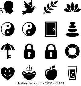 Minimalist black icons representing various themes including wellness health nature security and everyday lifestyle elements