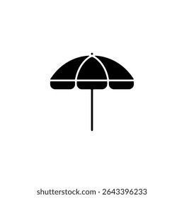 A minimalist black illustration features an open parasol or umbrella with a rounded top and vertical support, set against a clean white background for clarity.