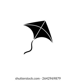 Ilustração preta minimalista com uma pipa com uma cauda de corda em um fundo branco, design enfatiza um símbolo limpo, moderno perfeito para vários projetos.