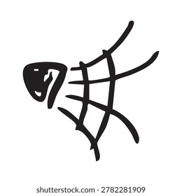 A minimalist black ink brush stroke illustration of an abstract symbol resembling a head shouting into a web-like structure on a white background.