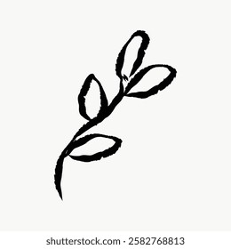 Minimalist black ink illustration of a branch with leaves. Simple branch design, featuring delicate leaves. Artistic ink drawing of a branch with leaves. Ink illustration vector.