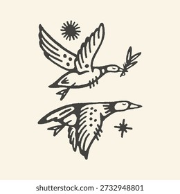 A minimalist black ink illustration of two flying geese with a sun and star, hand-drawn in a vintage linocut or tattoo style.