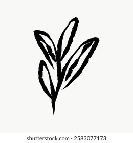 Minimalist black ink leaf design on white background. Simple leaf art, ink  black and white leaf. Artistic illustration, ink minimalist style. Ink illustration vector.