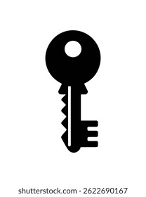 A minimalist black key silhouette on a white backdrop signifies security, access, and solutions. Its simple design makes it adaptable for various projects.