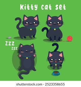 Minimalist black kitten set in different poses