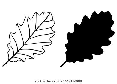 Minimalist black leaf illustration with both silhouette and outline versions. Simple linear and filled botanical design, perfect for nature themes, tattoos, eco branding, logos.