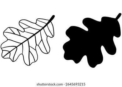 Ilustração de folha preta minimalista com ambas as versões de silhueta e contorno. Design botânico simples linear e preenchido, perfeito para temas da natureza, tatuagens, marca ecológica, logotipos.