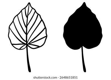 Minimalist black leaf illustration with both silhouette and outline versions. Simple linear and filled botanical design, perfect for nature themes, tattoos, eco branding, logos.