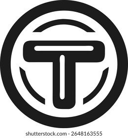 Letra preta minimalista t logotipo dentro de um quadro circular para marca e design