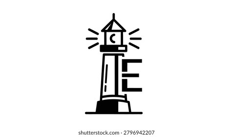 Minimalist black lighthouse icon with integrated letters LE, symbolizing guidance, safety, and vision for coastal or marine branding.