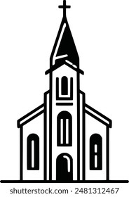 A minimalist black line art depicting the facade of a traditional Christian church with distinctive architectural features such as an elongated steeple topped by a cross and symmetrical arched windows