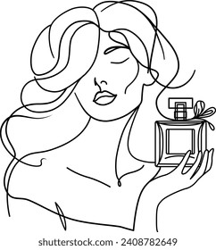 Minimalist black line art featuring a woman holding a perfume bottle. Versatile design suitable for website decoration, emblem for a perfume store, and wall decor in homes or retail spaces.