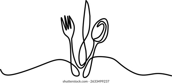 Minimalist black line art of a fork, knife, and spoon, elegantly intertwined in a continuous stroke. Modern, abstract food or dining concept ideal for restaurant branding and kitchen decor.