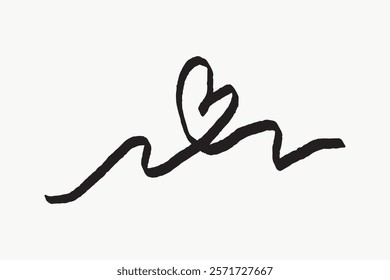 Minimalist black line art with a heart shape. Simple, elegant design. Heart and line art create a modern, artistic look. Simple isolated black heart line art doodle vector.