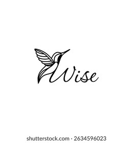 Arte de linha preta minimalista de um beija-flor integrado com tipografia de script elegante Wise perfeito para logotipos de marca pessoal artigos de papelaria produtos inspiradores
