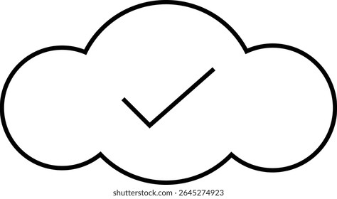 A minimalist black line art icon featuring a cloud outline with a checkmark inside. This simple vector graphic symbolizes successful cloud data sync, backup completion, or validation