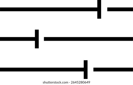 Um ícone de arte de linha preta minimalista com três controles deslizantes horizontais. Este símbolo é usado para configurações, filtros e ajustes em interfaces de usuário para personalizar preferências ou níveis de controle.
