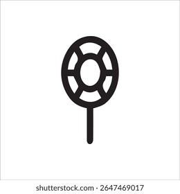 A minimalist black line art icon featuring a stylized circular object with internal divisions and a stick handle, resembling a modern lollipop or abstract symbol on a clean white background.