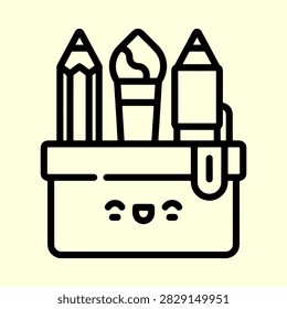 A minimalist black line art icon of a cute pencil case featuring a smiling kawaii face. It contains two sharpened pencils and a paintbrush on a solid light cream background.