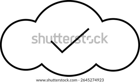 A minimalist black line art icon featuring a cloud outline with a checkmark inside. This simple vector graphic symbolizes successful cloud data sync, backup completion, or validation