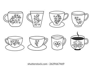 A minimalist black line art illustration featuring a collection of various tea cups and mugs in different styles. Perfect for use in cafe branding, menu designs, kitchen decor, logo elements, or moder