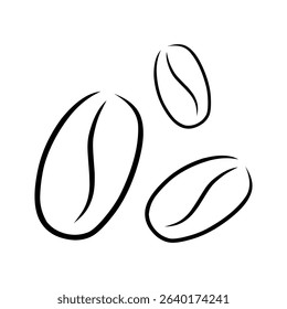 Minimalist black line art illustration of three coffee beans. Clean and elegant vector design, ideal for cafe logos, coffee packaging, beverage branding, and graphic projects.