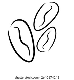 Minimalist black line art illustration of three coffee beans. Clean and elegant vector design, ideal for cafe logos, coffee packaging, beverage branding, and graphic projects.