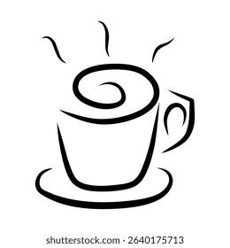 Minimalist black line art illustration of a steaming hot cup of coffee. Simple vector drawing featuring a cup, saucer, and swirling steam, perfect for cafe logos, coffee shop branding, product labels