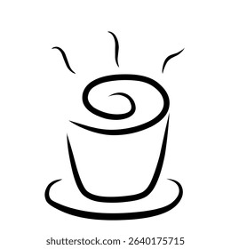 Minimalist black line art illustration of a steaming hot cup of coffee. Simple vector drawing featuring a cup, saucer, and swirling steam, perfect for cafe logos, coffee shop branding, product labels