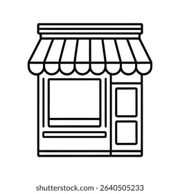 A minimalist black line art illustration depicting a small storefront with a striped awning, a large window, and a door. It's a simple, clean design.