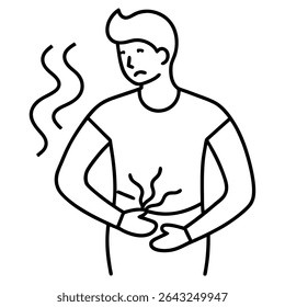 Uma ilustração minimalista da arte da linha preta retrata um homem que sofre de dor abdominal e angústia digestiva. Esse gráfico vetorial retrata emoções infelizes associadas a dor de estômago e indigestão.