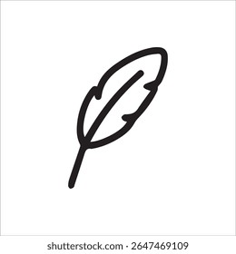 Minimalist black line art illustration of a single feather, perfect for design elements, icons, or decorative accents. Its clean aesthetic conveys lightness, elegance, and natural beauty.