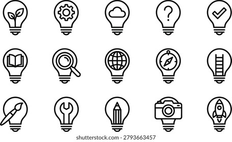Minimalist black line art light bulb icons featuring diverse symbols for creative business and educational design projects