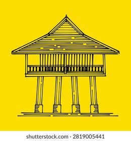 A minimalist black line art sketch of a traditional stilt house on a bright yellow background.
