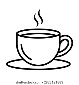 Minimalist black line art of a steaming hot beverage cup and saucer. Ideal for cafe menus, breakfast themes, or coffee shop branding designs.
