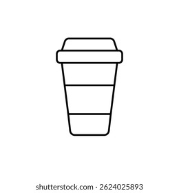 Minimalist black line art of a takeaway coffee cup with a lid on a white background, perfect for café branding, beverage icons, and modern food-related design use.