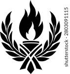 Minimalist black line art of a torch entwined with a laurel wreath, symbolizing triumph and wisdom in vector format.