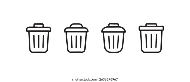 Minimalist black line art trash bins on white background.