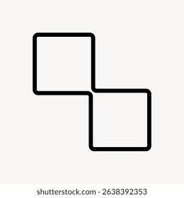 Minimalist black line art of two connected squares on a white background. Simple geometric design with two squares linked together in a clean style. Geometric shape vector.