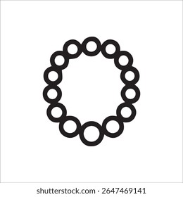 Uma ilustração vetorial de arte de linha preta minimalista apresentando um arranjo circular de círculos interconectados, assemelhando-se a um colar ou um anel de contas, colocado contra um fundo branco imaculado.