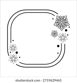 Vector minimalista del arte de la línea negra de un marco cuadrado redondeado decorado con los copos de nieve intrincados que incluyen los motivos del corazón y los puntos, ideales para las invitaciones del invierno, tarjetas de felicitación